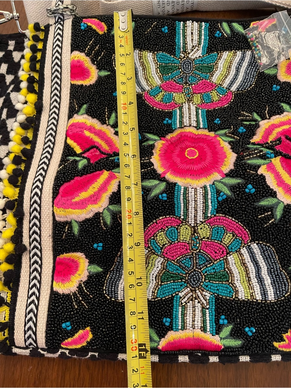 NWT America and Beyond Embroidered Black Floral Tote Bag with Accent Pom Trim - Picture 12 of 15